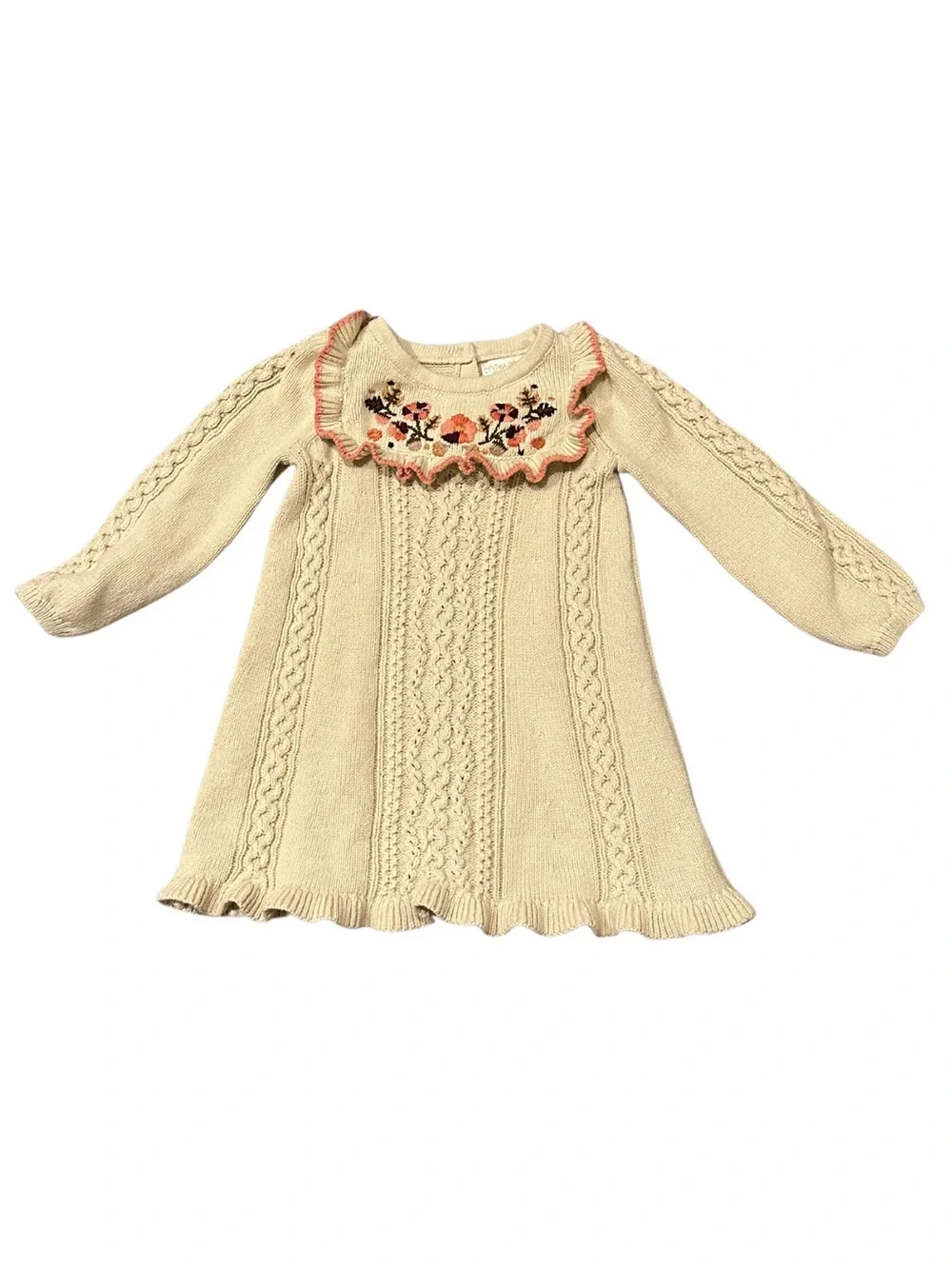 Cynthia Rowley Girls Ivory Knit Dress with Floral Embroidered Ruffle Collar